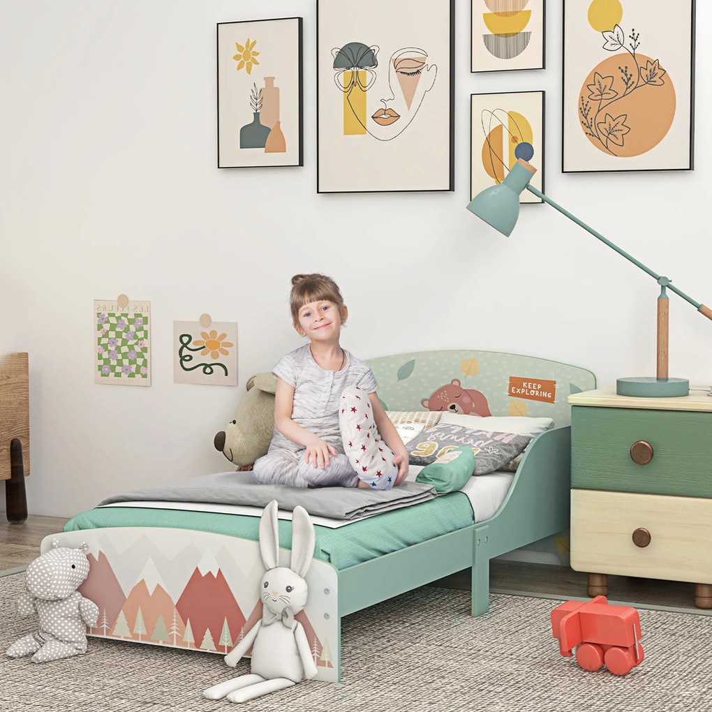 ZONEKIZ Pat pentru Copii 3-6 Ani cu Margini Înălțate și Design cu Animale, 77x143x60 cm, Verde | Aosom Romania