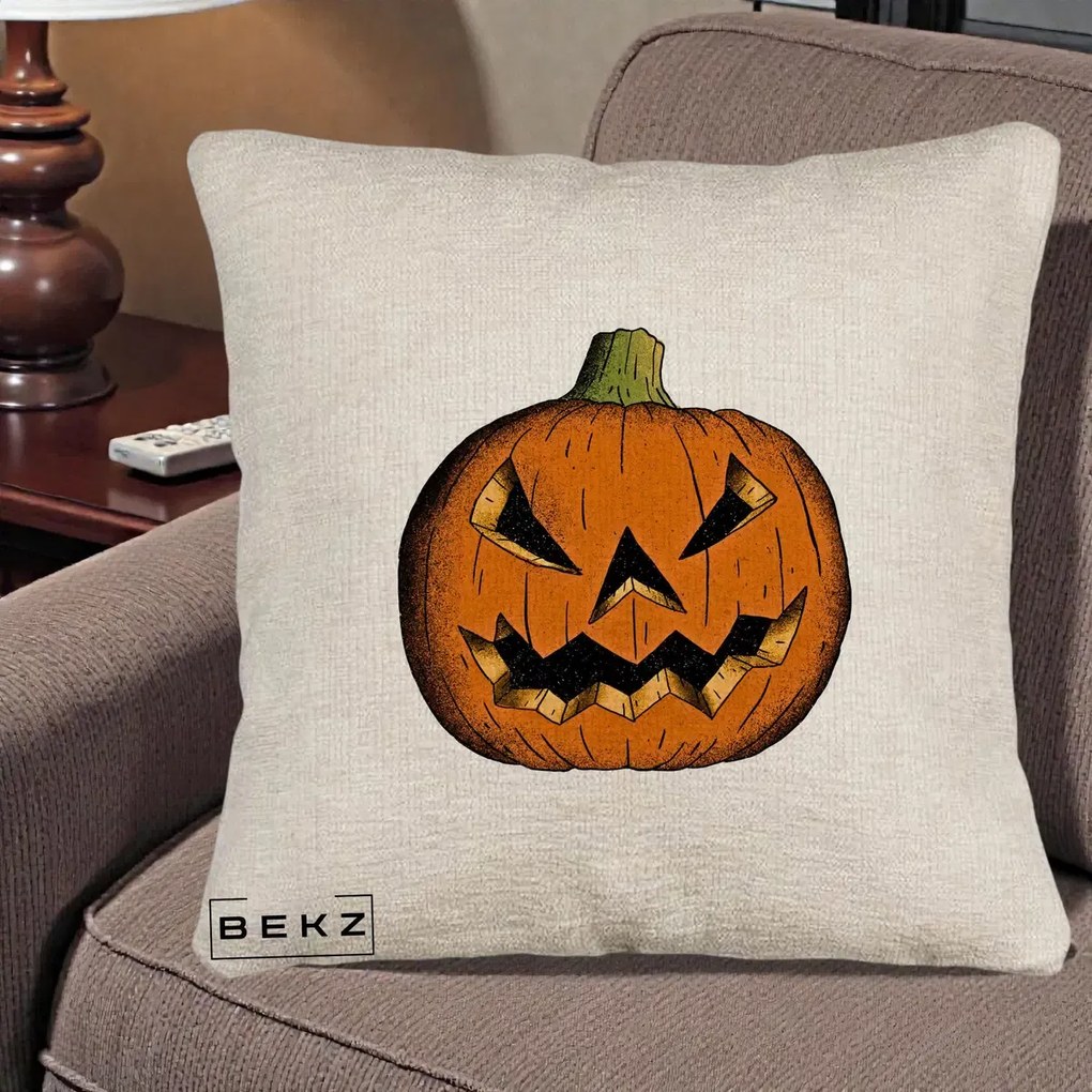 Perna Decorativa Halloween Dovleac Portocaliu Clasic, 40x40 cm, Bej Canapea, Husa Detasabila, Perna Inclusa, BEKZ®
