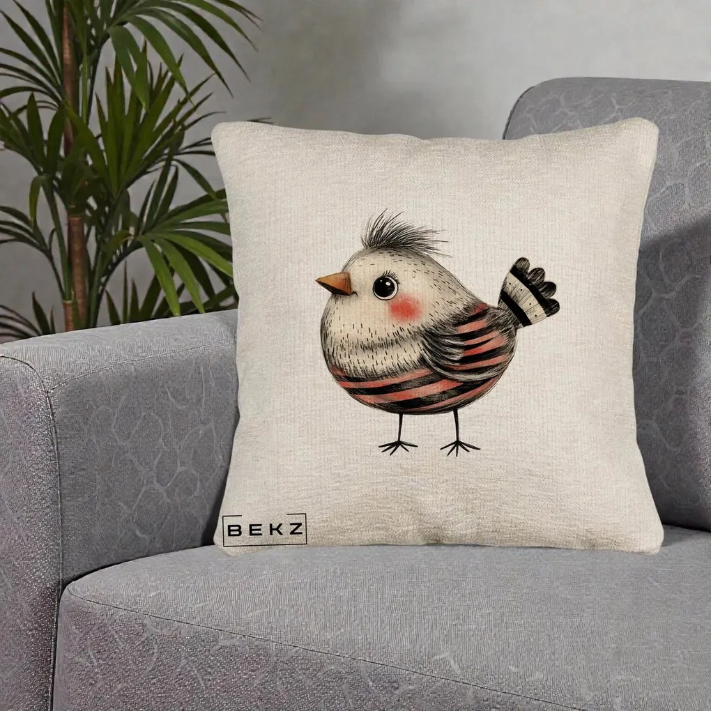 Perna Decorativa Pui Expresiv Dungi Negru-Rosu, 40x40 cm, Bej Canapea, Husa Detasabila, Perna Inclusa, BEKZ®