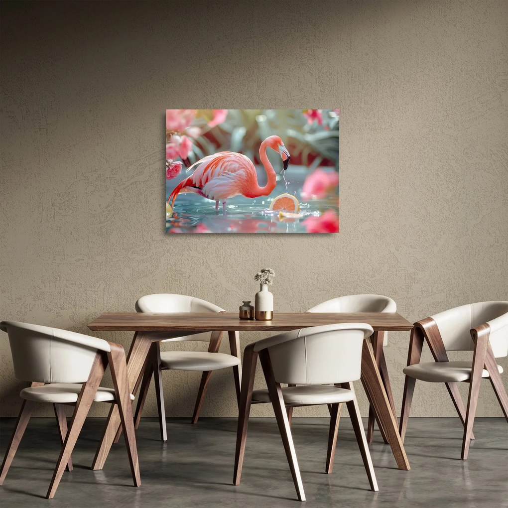 Tablou pe sticlă - Flamingo în iaz (70x50 cm)