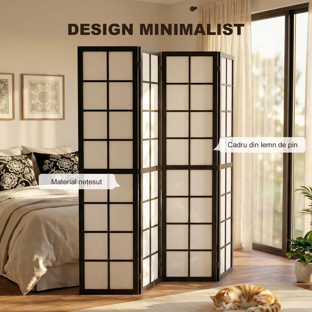 HOMCOM Paravan de Interior Pliabil cu 4 Panouri din Lemn și Material Nețesut, 160x170 cm, Negru și Alb | Aosom Romania