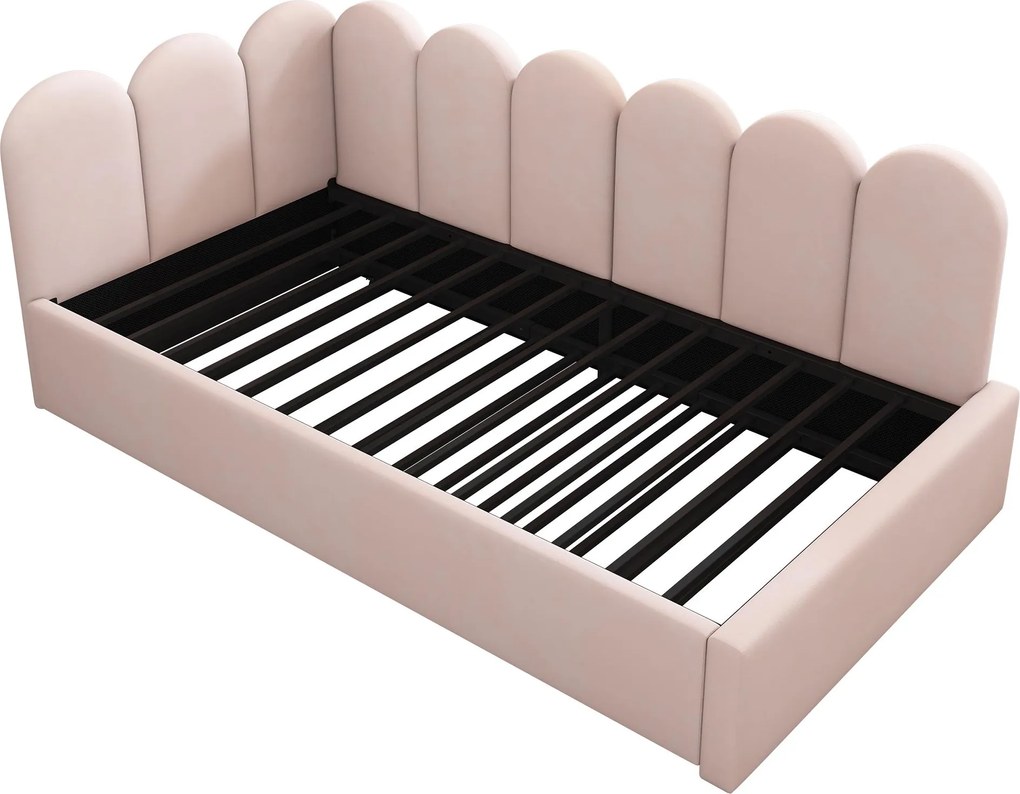 Pat de zi tapițat cu pat extensibil, canapea de dormit 2-în-1 cu tapițerie din catifea și somieră, fără saltea, pat principal 90x200 cm / pat extensibil 90x190 cm, Roz