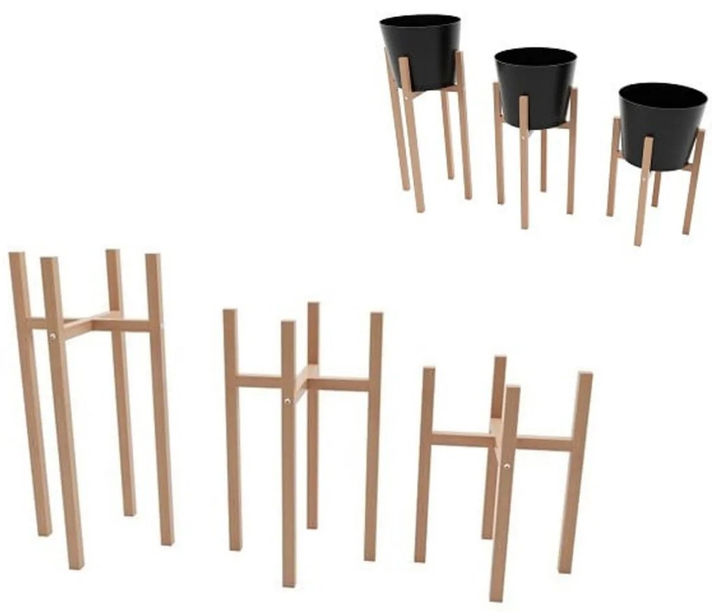 Set 3 suporturi pentru ghivece din lemn masin HouseXL Bwood, Din lemn de fag, 3 trepte de inaltime, Natur