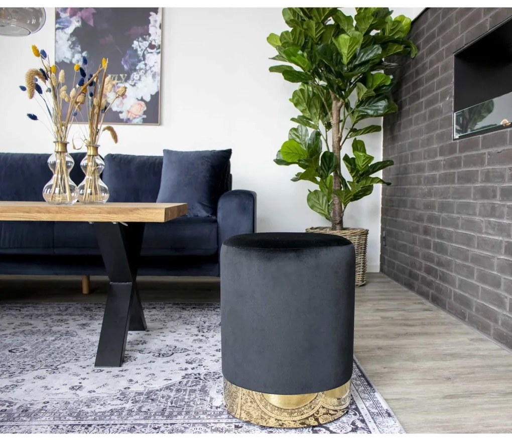 Gamby Pouf din catifea cu bază din cupru negru, 34x43 cm