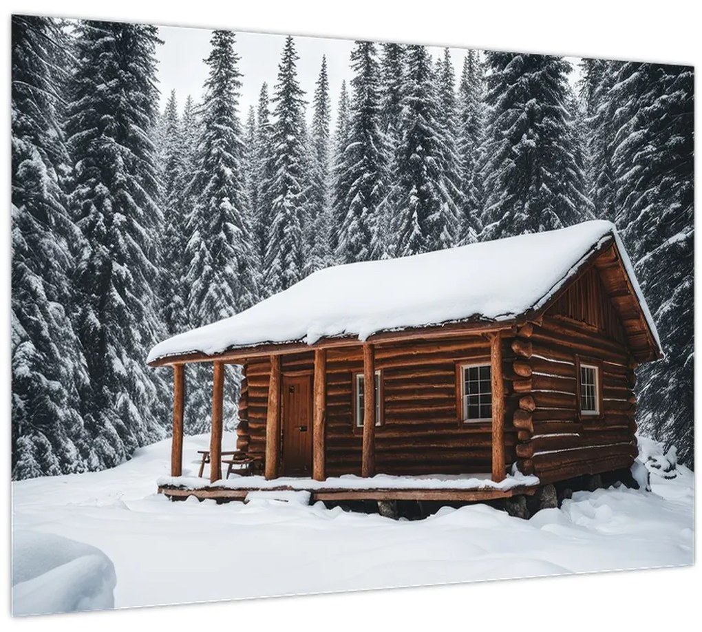 Tablou pe sticlă - Cabană acoperită de zăpadă (70x50 cm)