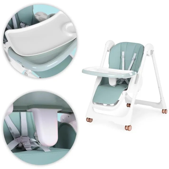 Scaun de hrănire înălțime reglabilă curele din piele ecologică tavă dublă verde