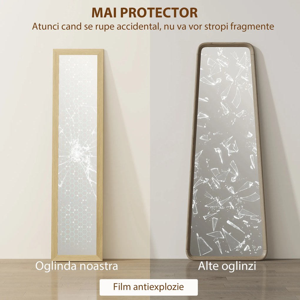 HOMCOM Oglindă cu Ramă din MDF, Picioare și Cârlige pentru Utilizare pe Podea sau pe Perete, 37x40x155 cm, Lemn Natural | Aosom Romania