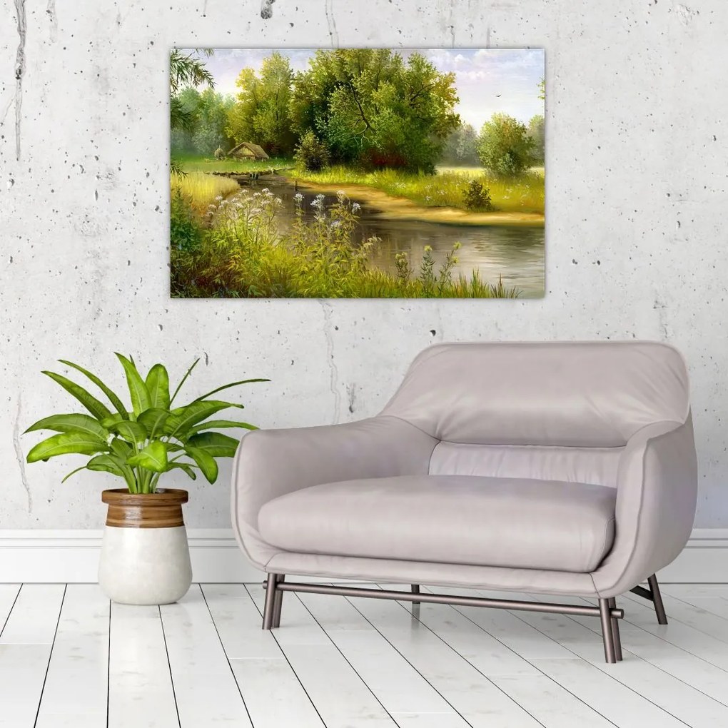 Tablou - Râu lângă pădure, pictură în ulei (90x60 cm)