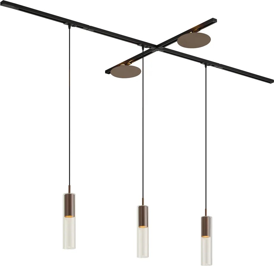 Sistem de iluminat pe șină modern negru cu 3 lămpi suspendate și 2 plafoniere bronzate monofazate - Iconic Lloyd Pulley