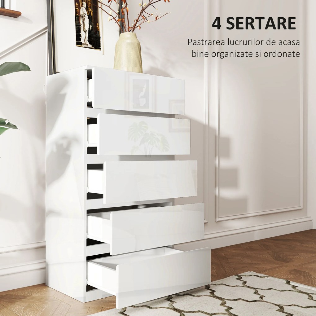HOMCOM Comodă Modernă cu 4 Sertare Anti-Răsturnare, Comodă din Pal Melaminat, 55x33x80 cm, Alb Lucios | Aosom Romania