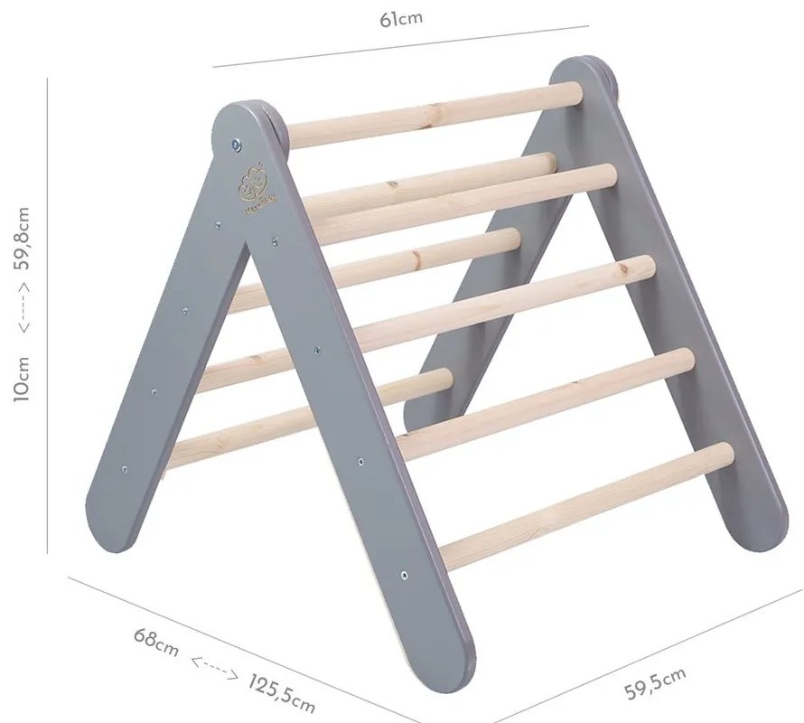 Triunghi Pikler de cățărat gri din lemn de pin 46x87x60 cm Montessori – Meowbaby