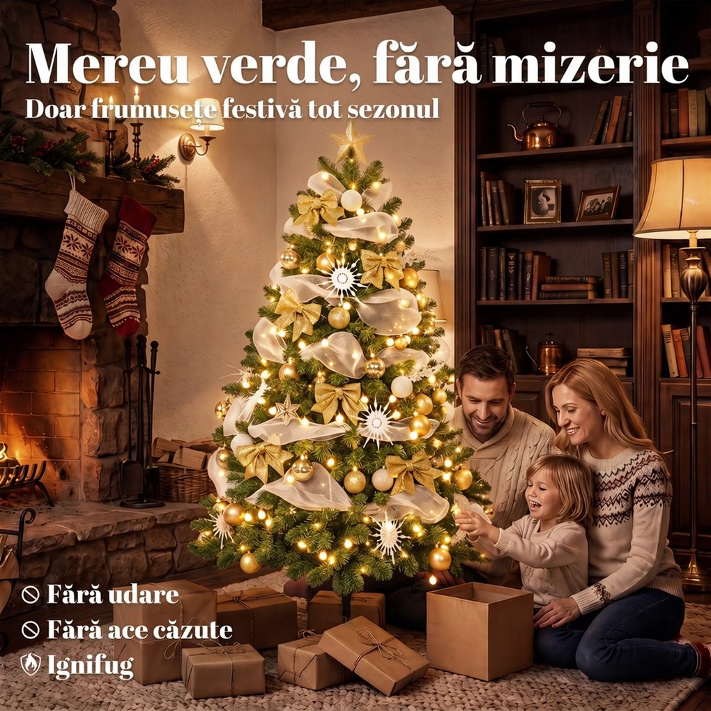 HOMCOM Brad de Crăciun 180 cm cu 200 LED-uri Alb Cald, 8 Moduri, 800 Crenguțe Ignifuge, Globuri, Panglici și Funde | Aosom Romania