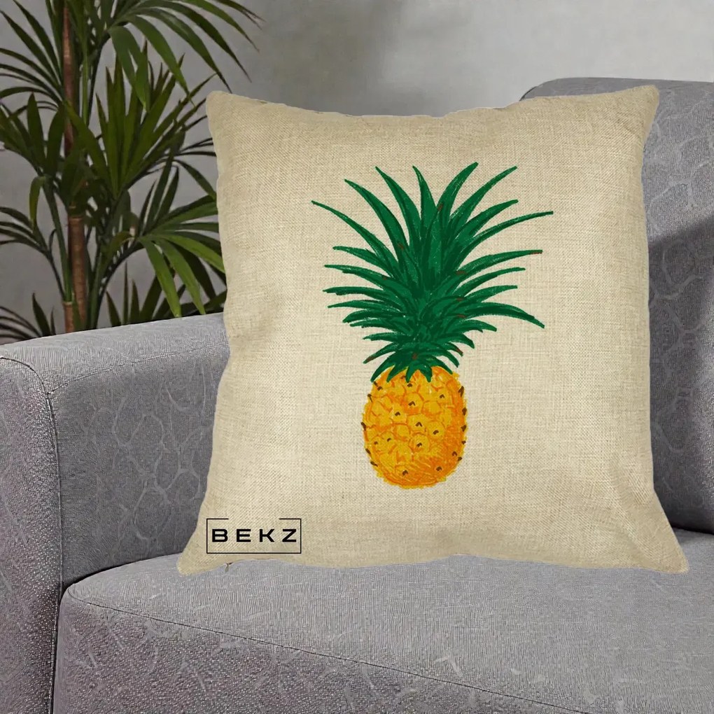 Perna Decorativa Ananas Tropical, 40x40 cm, Crem, Husa Detasabila, Perna Inclusa, BEKZ®
