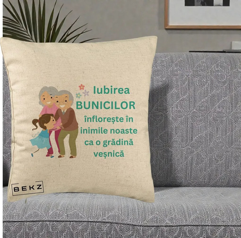 Cadou pentru Bunici - Perna Personalizata Bunicii Iubirea Infloreste cu Nepoata Teal, 40x40 cm, Bej, Husa Detasabila, Perna Inclusa, BEKZ®