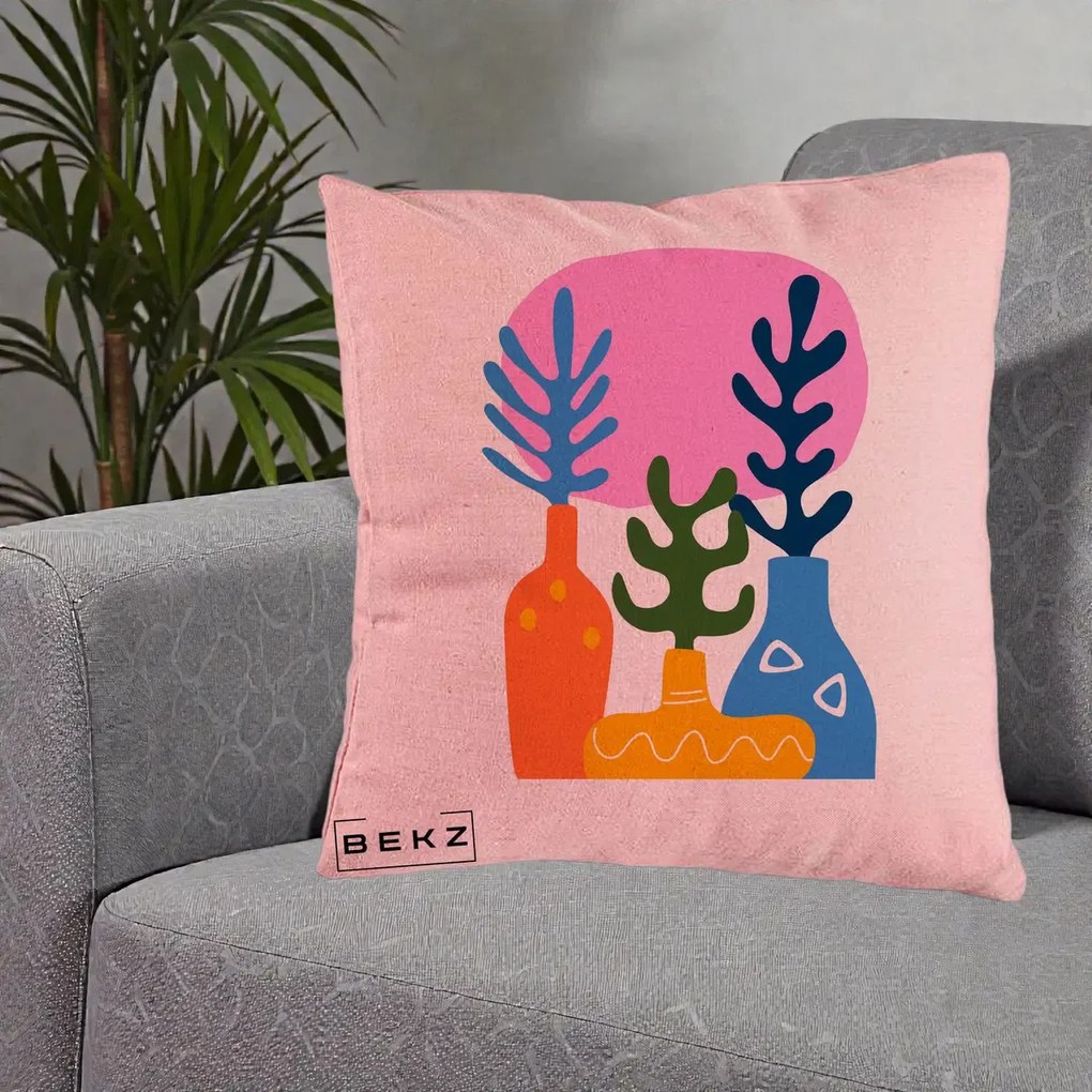 Perna Decorativa Vaze Botanice Abstract, 40x40 cm, Roz, Husa Detasabila, Perna Inclusa, BEKZ®