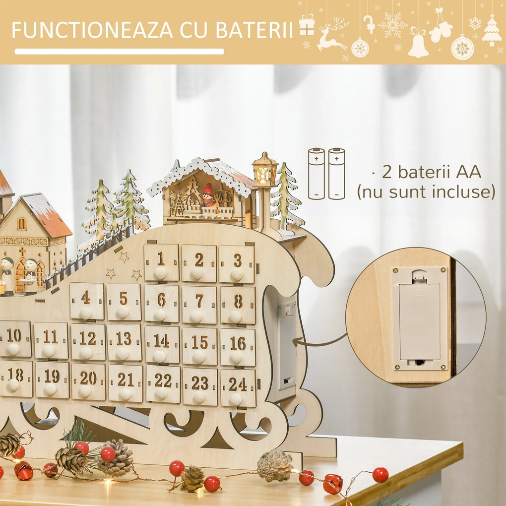 Calendar Advent din Lemn in Forma de Sanie cu 24 de Sertare de Umplut, Decoratiuni si Lumini 45x10x31cm HOMCOM | Aosom RO