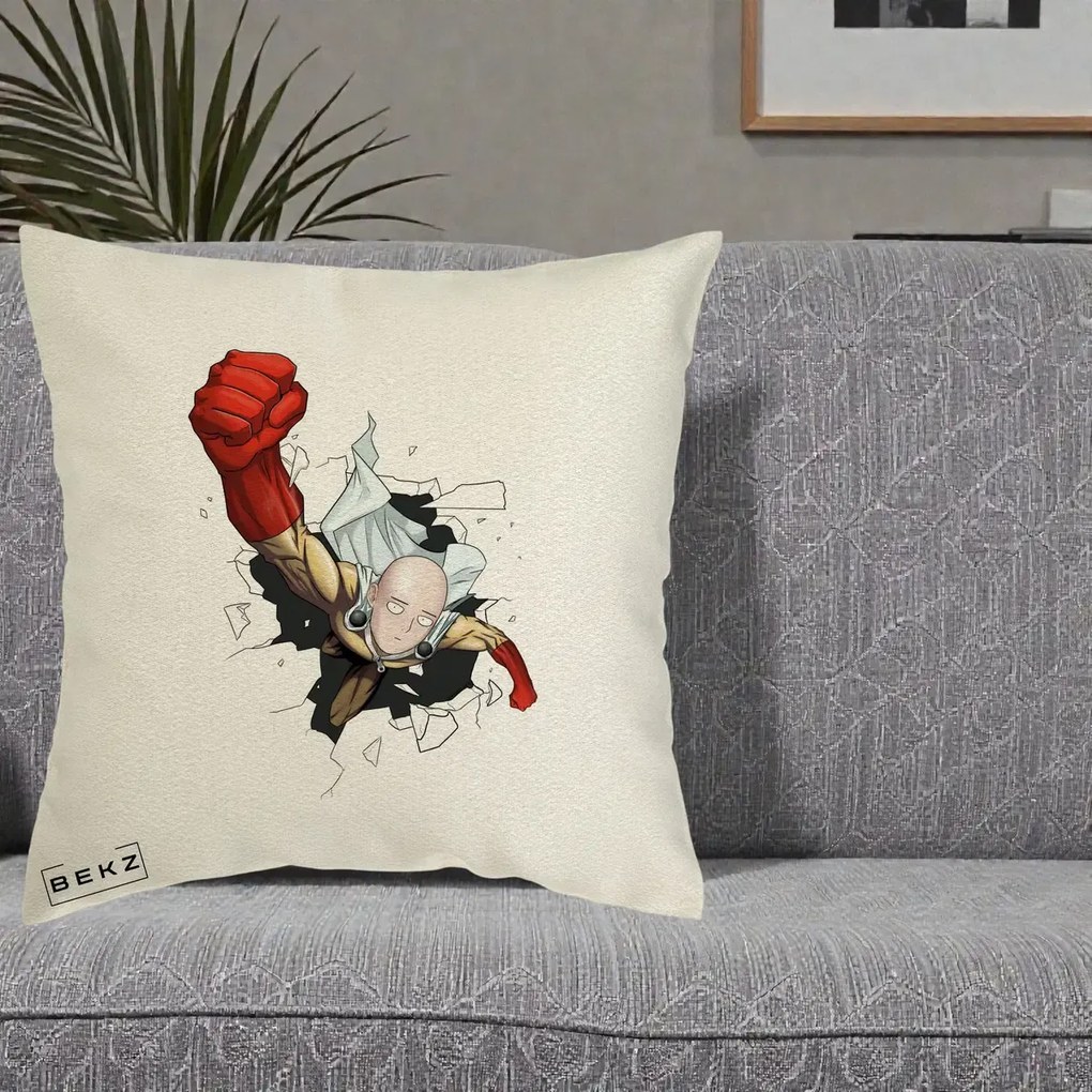 Perna Personalizata One Punch Man Saitama Pumn, 40x40 cm, Ecru, Husa Detasabila, Perna Inclusa, BEKZ®