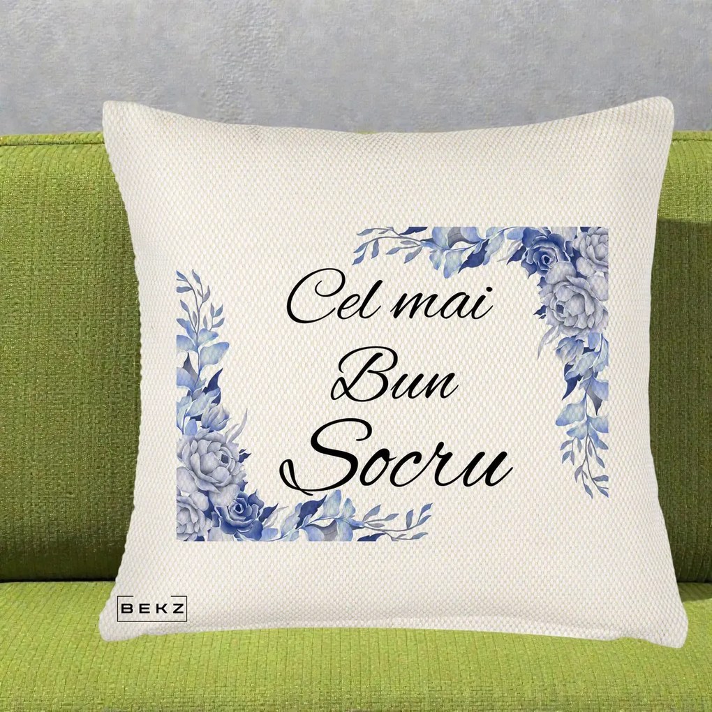 Cadou pentru Socru - Perna Personalizata Cel mai Bun Socru cu Flori Albastre Acuarela, 40x40 cm, Crem Reliefat, Husa Detasabila, Perna Inclusa, BEKZ®