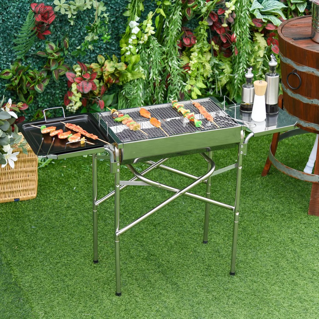 Barbecue cu Carbon BBQ Grill Outsunny cu Blat de Sprijin in Otel Inox | Aosom Romania