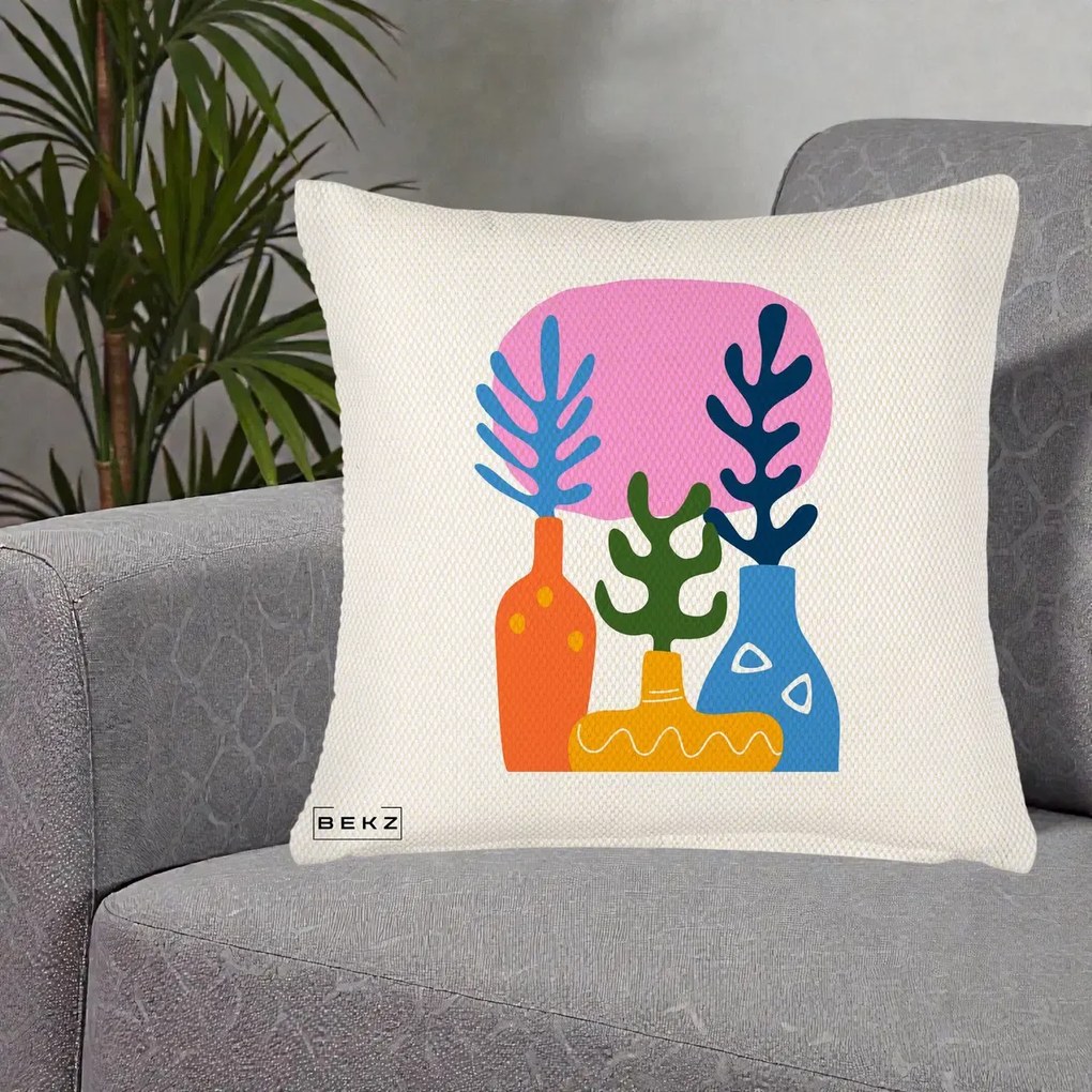 Perna Decorativa Vaze Botanice Abstract, 40x40 cm, Crem Reliefat, Husa Detasabila, Perna Inclusa, BEKZ®