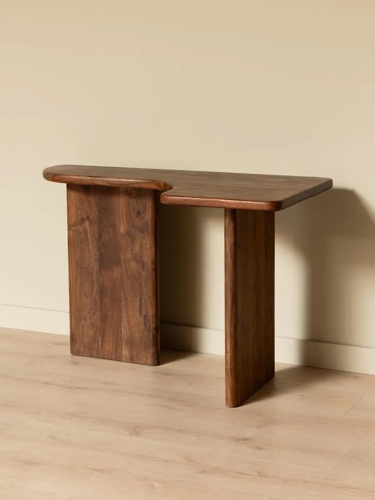 Consolă din lemn de acacia, formă asimetrică, maro antichizat, finisaj lucios, 118×59×75 cm, „Finoma"
