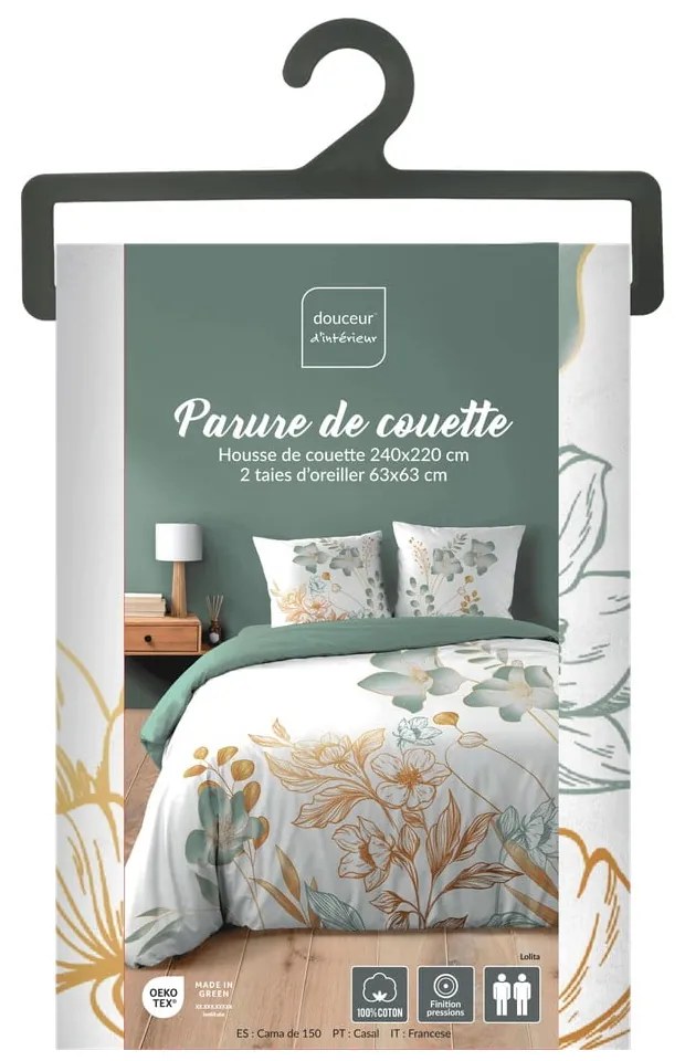 Lenjerie de pat albă-verde din bumbac pentru pat dublu, extinsă 240x220 cm Lolita – douceur d'intérieur