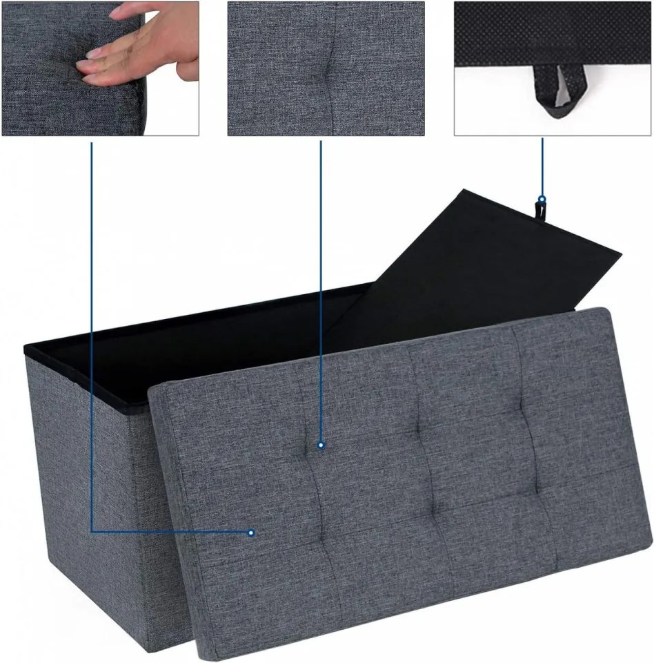 Bancheta cu capac si spatiu depozitare, textil / MDF, gri inchis, Songmics