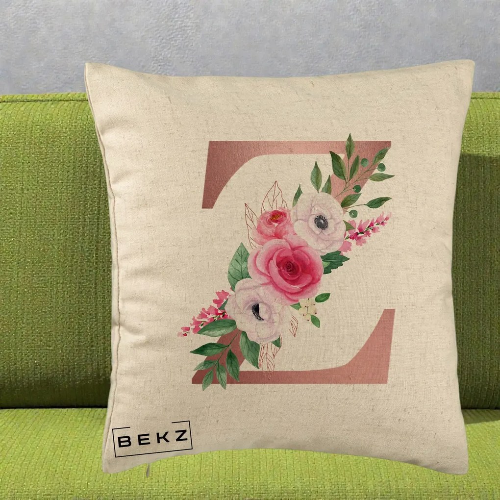 Cadou Personalizat - Perna Personalizata Monograma Rose Gold Litera Z, 40x40 cm, Bej, Husa Detasabila, Perna Inclusa, BEKZ®