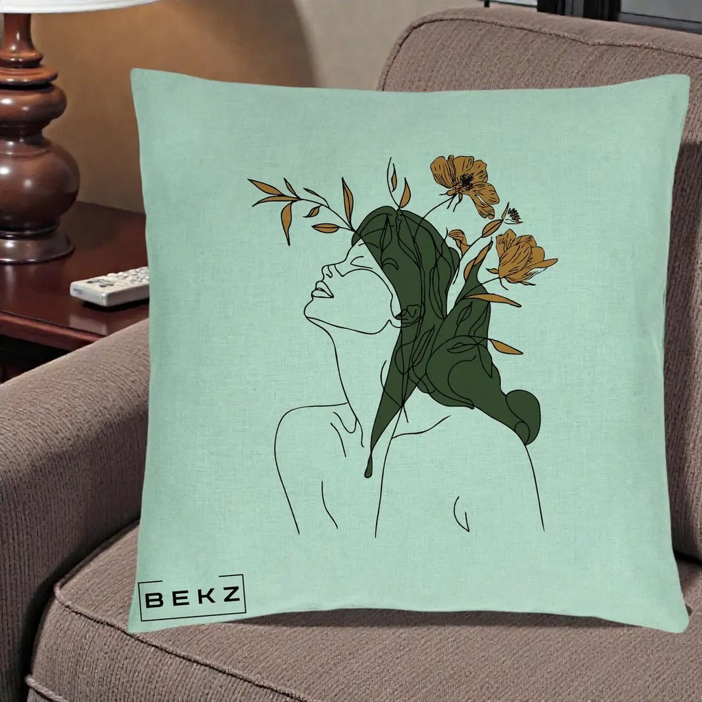 Perna Decorativa Portret Feminin Profil Flori Portocalii, 40x40 cm, Verde Menta, Husa Detasabila, Perna Inclusa, BEKZ®