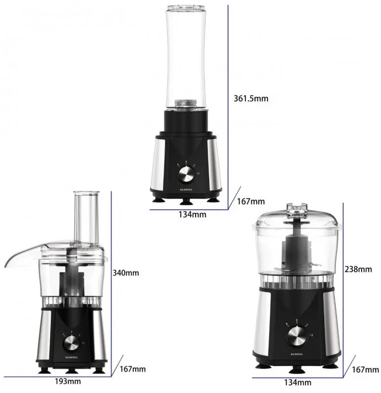 Robot de bucatarie 3in1 Kumtel HFP-02, 350W, Blender, Tocator, Razatoare, 500ml, 2 viteze, Fara BPA, Inox / Negru