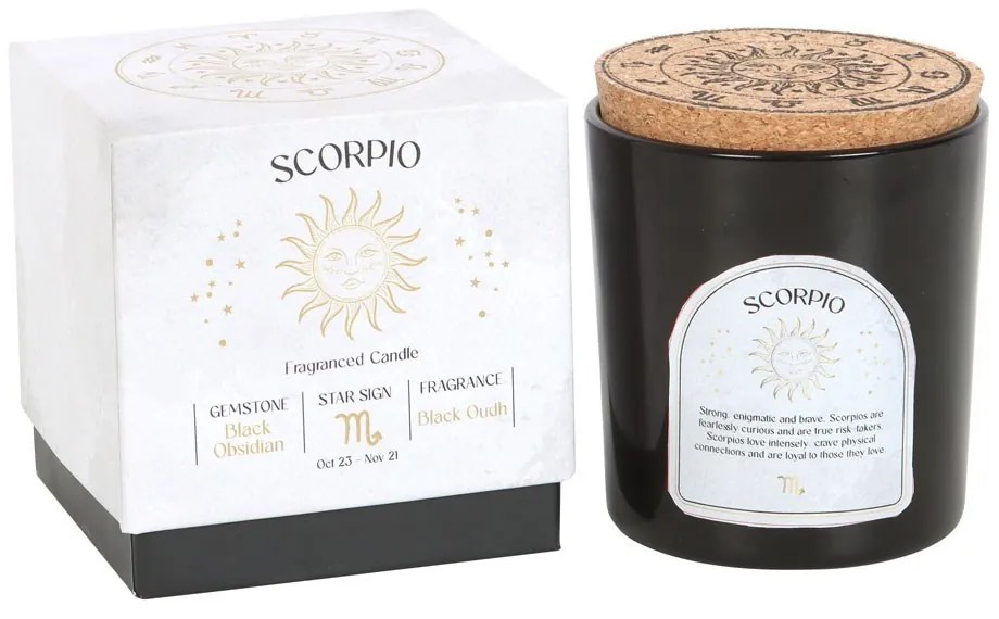 Lumanare zodiacala cu bucatele de piatra semipretioasa Obsidian - Scorpion (aroma Black Oudh)