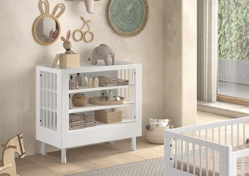 Set Complet Mobilier Camera Copii Forrest Beech, Pat 90x200 cm, Dulap cu 2 Uși, Noptieră și Masă de Înfășat, din Lemn Masiv de Fag, Alb – Vipack