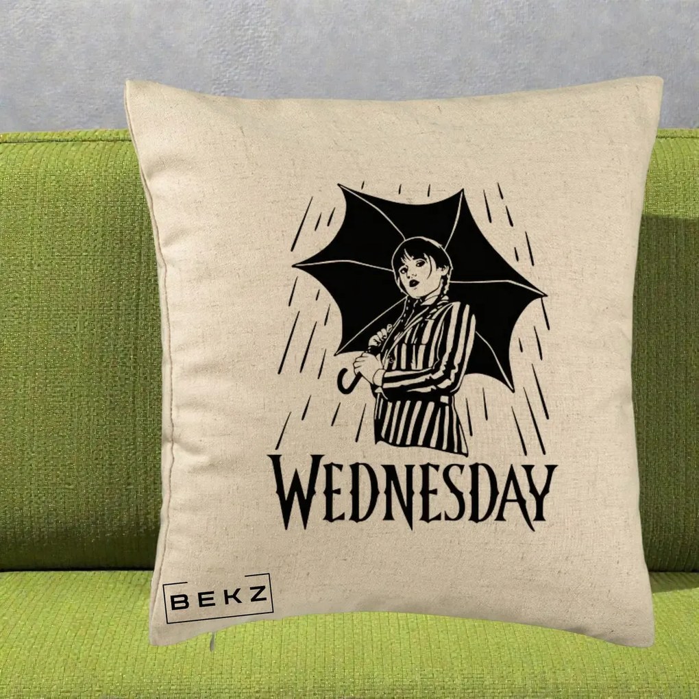 Perna Personalizata Wednesday cu Umbrela Ploaie Lineart, 40x40 cm, Bej, Husa Detasabila, Perna Inclusa, BEKZ®