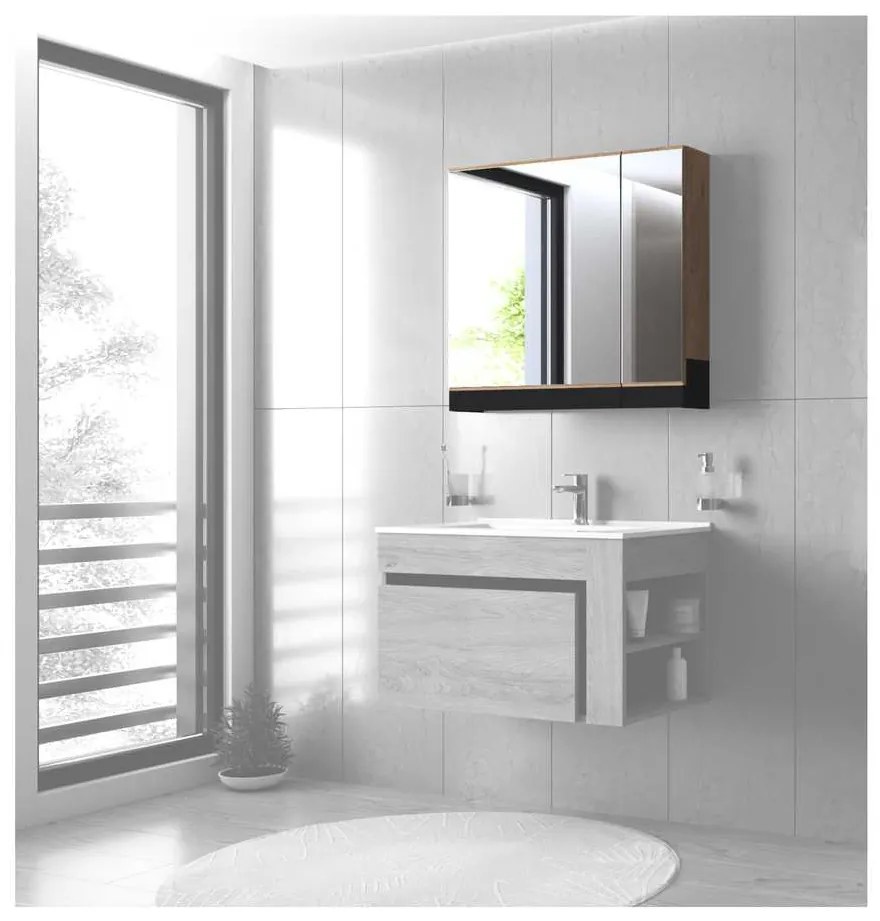 Dulap cu oglindă suspendat Stokes 80 cm, argint / stejar auriu