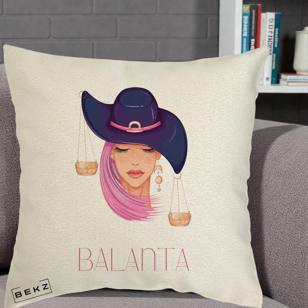 Perna Personalizata Zodiac Balanta Cowgirl, 40x40 cm, Ecru, Husa Detasabila, Perna Inclusa, BEKZ®