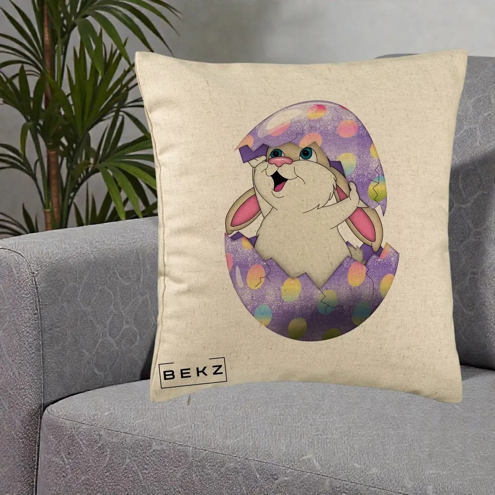 Perna Decorativa Iepuras din Ou de Pasti, 40x40 cm, Bej, Husa Detasabila, Perna Inclusa, BEKZ®