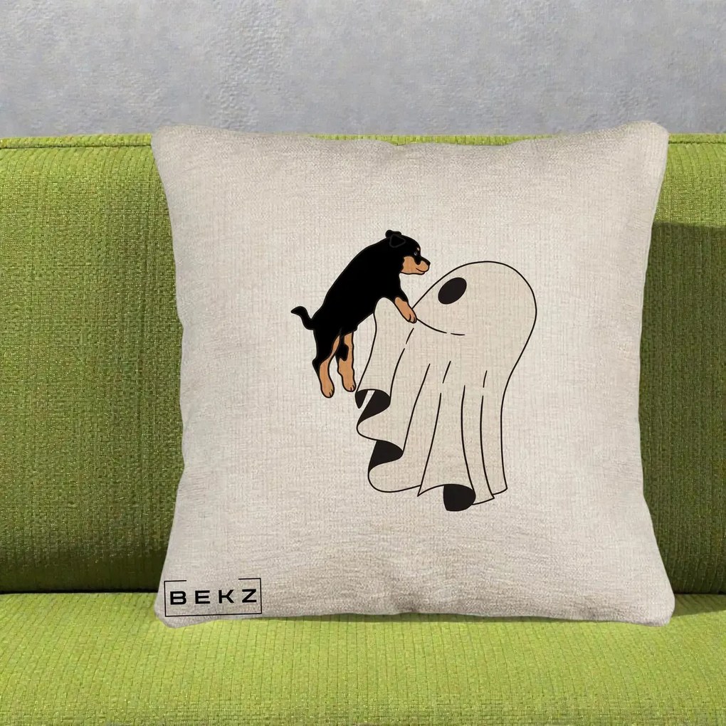 Perna Decorativa Caine Rottweiler Fantoma Halloween, 40x40 cm, Bej Canapea, Husa Detasabila, Perna Inclusa, BEKZ®