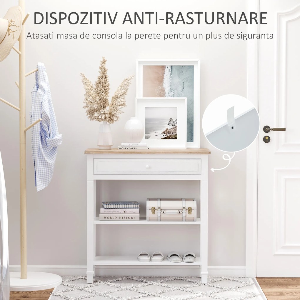 HOMCOM Masa multifunctionala pentru hol, cu sertar, lemn pin, 75.6x27.5x80.5cm, alb | Aosom Romania