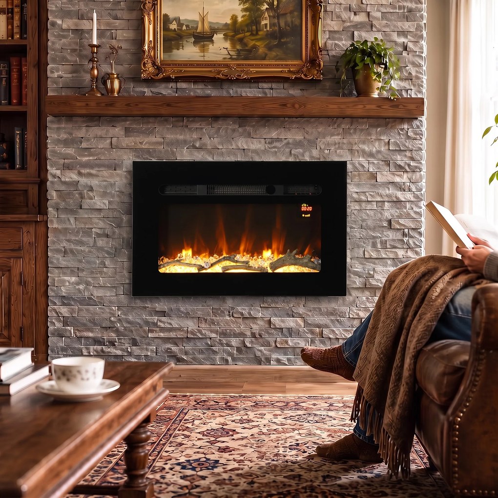 HOMCOM Șemineu Electric de 60 cm, Încastrat sau de Perete, 1800 W, Temporizator 24 de Ore, Flacără Reglabilă, Cristale | Aosom Romania