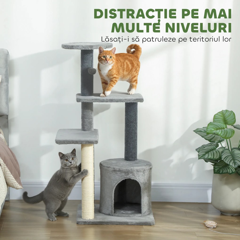 PawHut Ansamblu de joacă pentru pisici, multe niveluri cu stâlpi de sisal și Căsuță, 104cm,  Gri | Aosom Romania