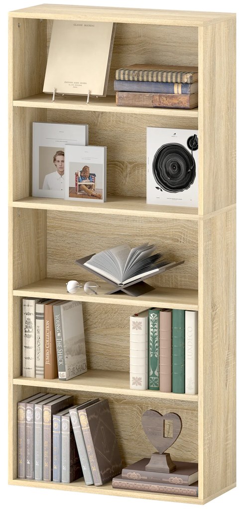 HOMCOM Bibliotecă raft de depozitare 5 nivele cu rafturi reglabile pentru living, dormitor, birou, 60x24x133,5 cm, natural | Aosom Romania