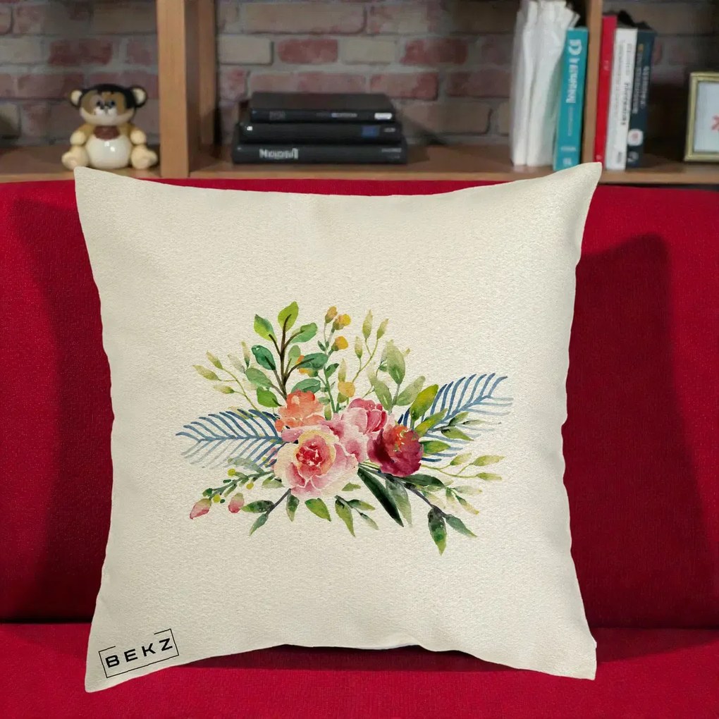 Perna Decorativa Buchet Flori Acuarela Roz-Verde, 40x40 cm, Ecru, Husa Detasabila, Perna Inclusa, BEKZ®