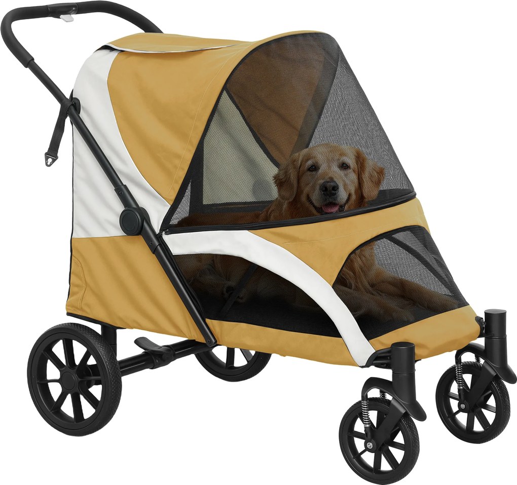 PawHut Cărucior pentru câini, cărucior pliabil pentru câini mari, cărucior pentru animale cu 4 roți, lese de siguranță, frâne, maro | Aosom Romania