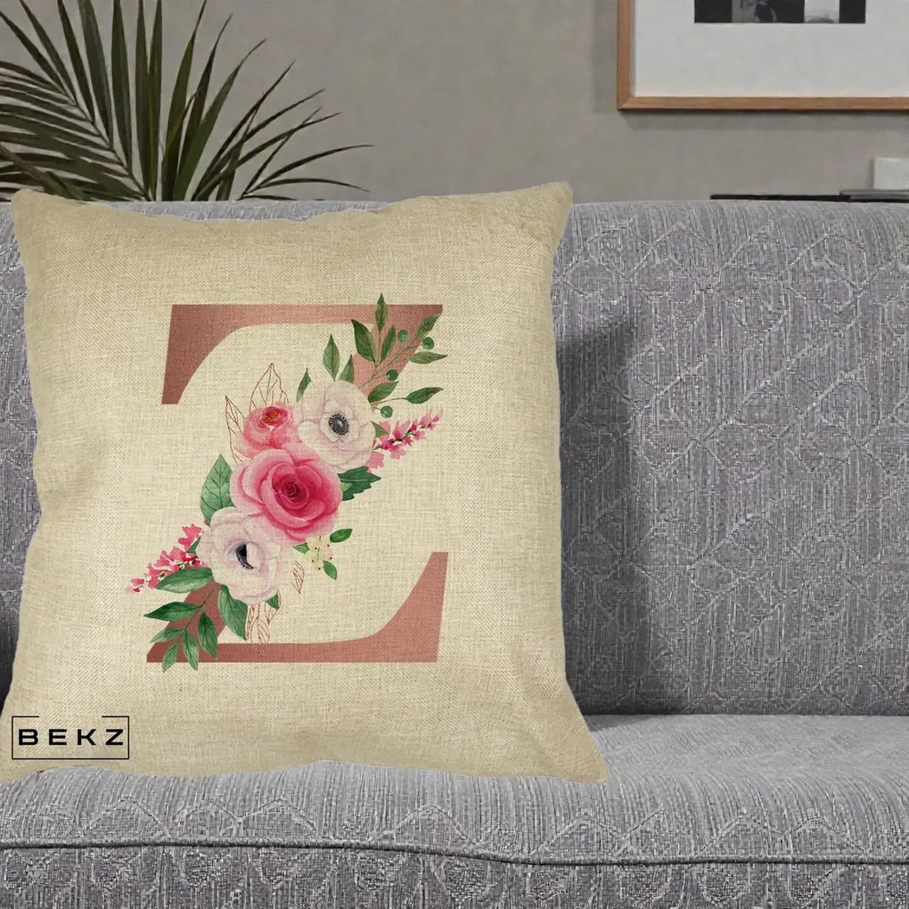 Cadou Personalizat - Perna Personalizata Monograma Rose Gold Litera Z, 40x40 cm, Crem, Husa Detasabila, Perna Inclusa, BEKZ®
