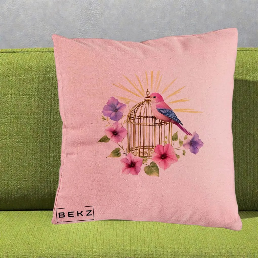 Perna Decorativa Pasare Roz pe Colivie Aurie cu Flori, 40x40 cm, Roz, Husa Detasabila, Perna Inclusa, BEKZ®