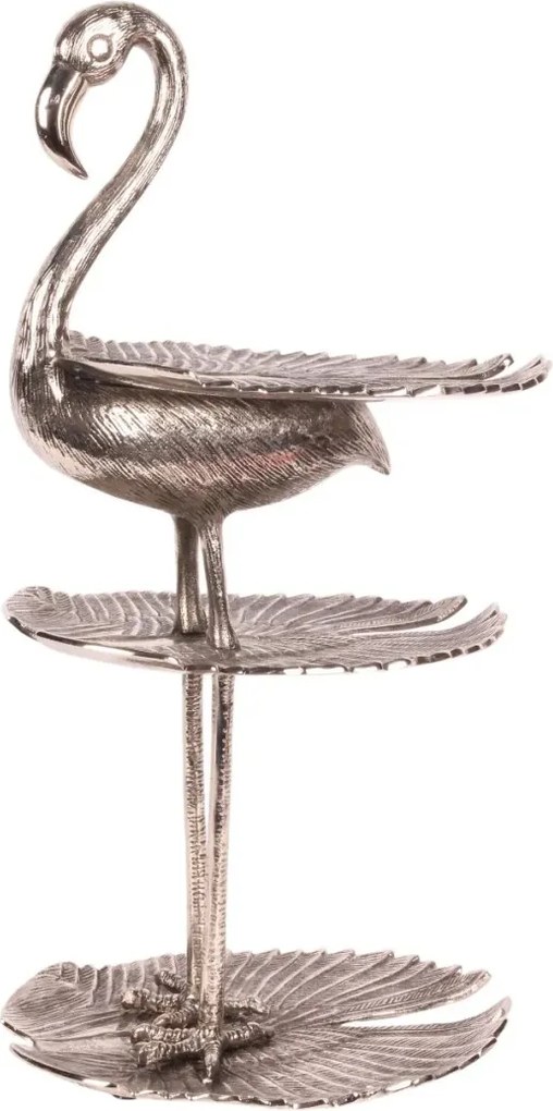 Etajeră pentru prăjituri și fructe din aluminiu reciclat, argintie, cu 3 niveluri, flamingo decorativ, finisaj lucios, 65 x 34 x 24 cm, „Camargue”