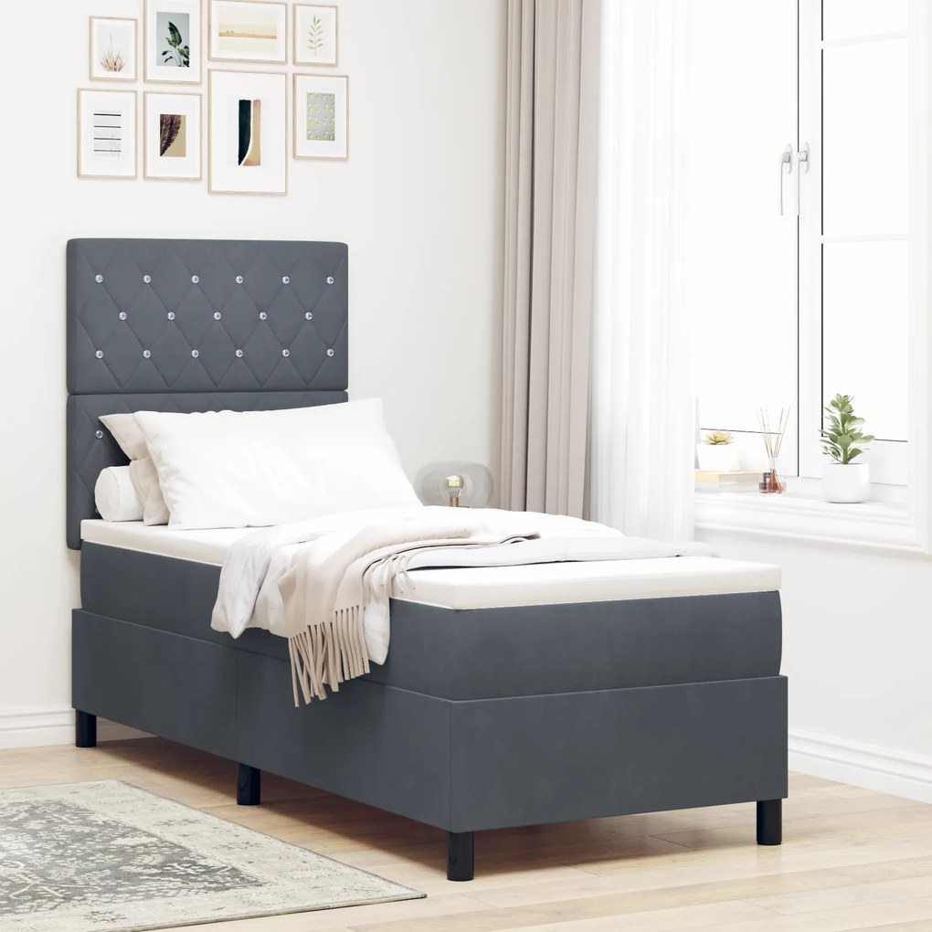 vidaXL Pat box spring cu saltea &amp; LED, gri închis, 80x200 cm catifea