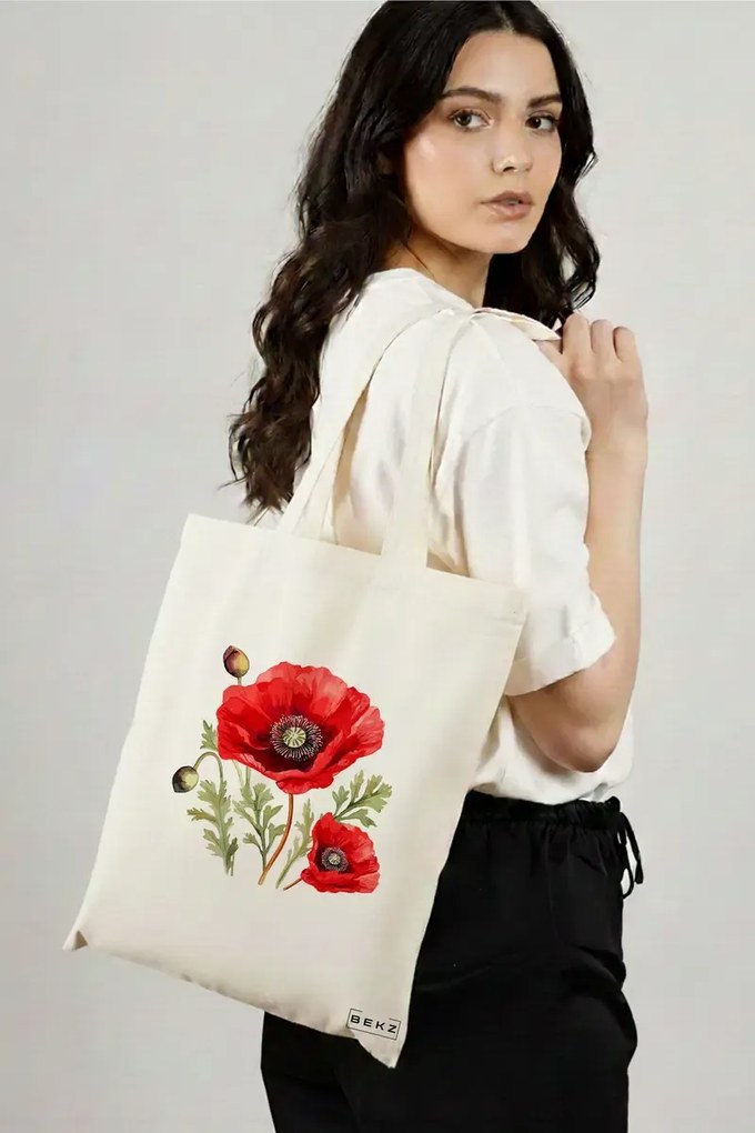 Sacosa de Panza pentru Cumparaturi, Geanta Tote, model Flower Bouquet 5, 38 x 34.5 cm, Alba, BEKZ®