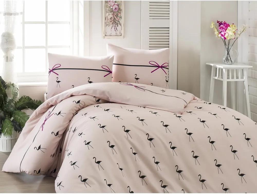 Lenjerie de pat cu cearșaf pentru pat dublu Flamingo Powder, 200 x 220 cm