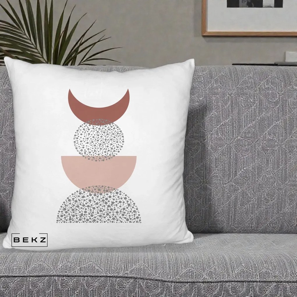 Perna Decorativa Boho Luna Plina si Forme Punctate, 40x40 cm, Alb Pufos, Husa Detasabila, Perna Inclusa, BEKZ®